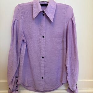 Silky drop-shoulder, cuffed lilac blouse